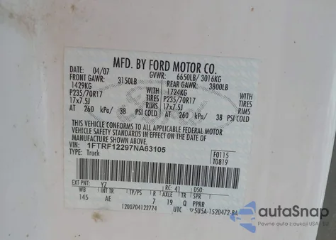 2007 Ford F-150 Stx/Xl/Xlt from USA, damaged, VIN 1FTRF12297NA63105